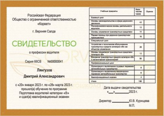 Свидетельство об окончании обучения